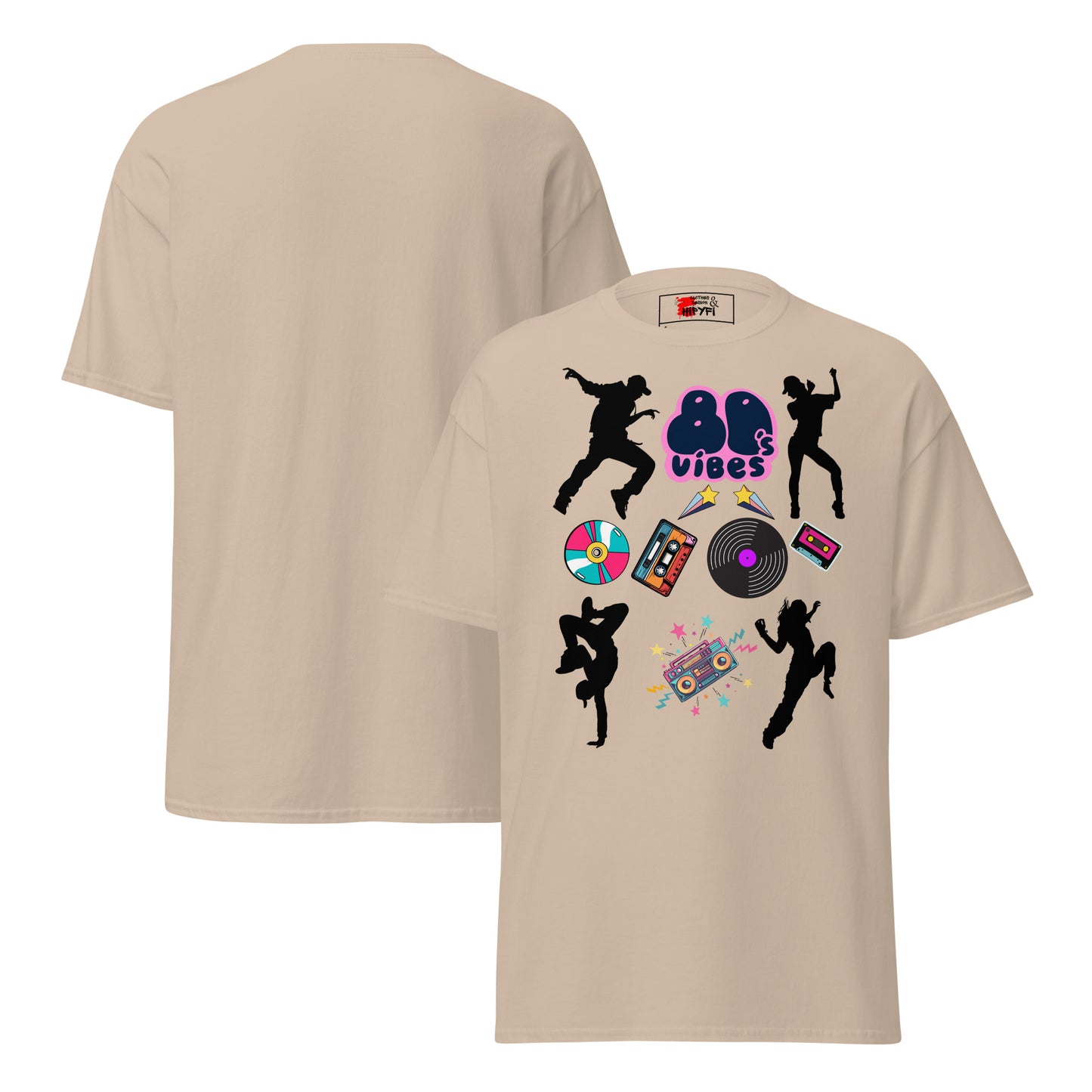 Unisex 80s Vibes graphic t-shirt with retro pop culture design by Hipyfi Clothes & Design sand-front-and-back
