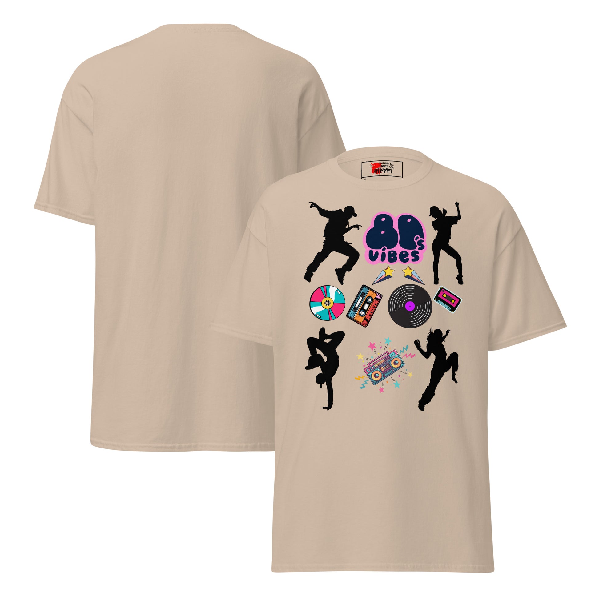 Unisex 80s Vibes graphic t-shirt with retro pop culture design by Hipyfi Clothes & Design sand-front-and-back