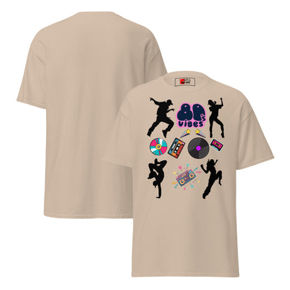 Unisex 80s Vibes graphic t-shirt with retro pop culture design by Hipyfi Clothes & Design sand-front-and-back