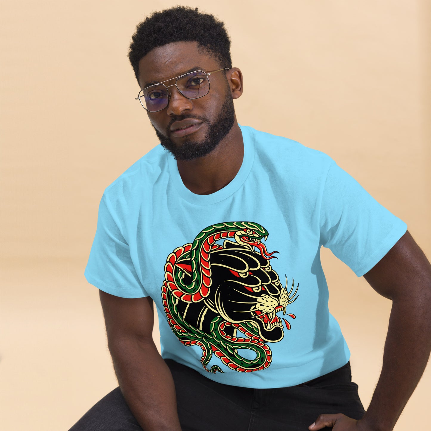 Hipyfi Panther & Snake Graphic Unisex T-Shirt - Bold design on classic fit streetwear tee. sky-front