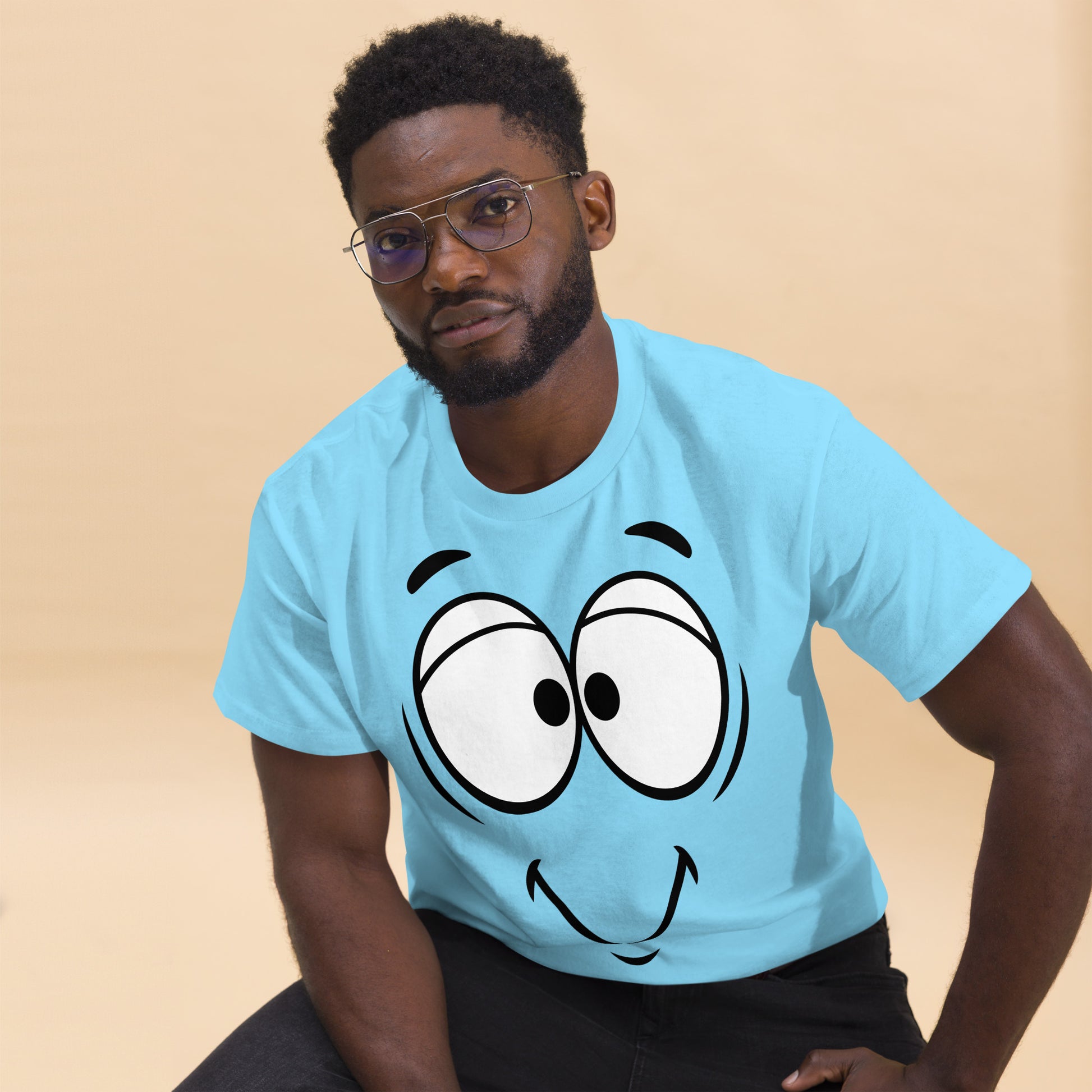 Unisex minimalist cartoon face t-shirt with bold black line art and playful smile – Hipyfi Clothes & Design. sky-front-2