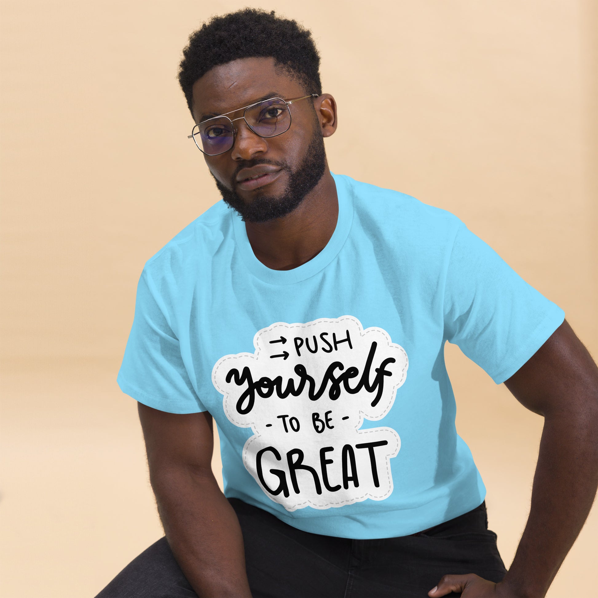 Unisex motivational t-shirt with 'Push Yourself to Be Great' quote – Hipyfi streetwear tee. sky-front-2