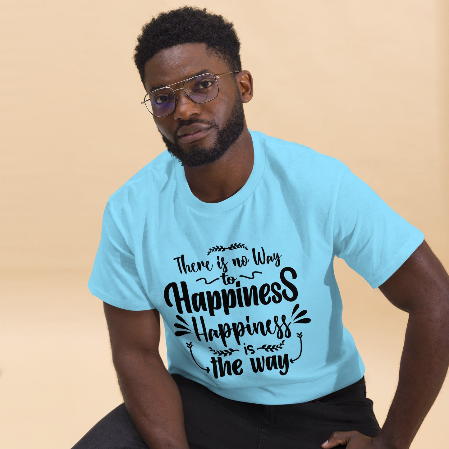Unisex graphic t-shirt with inspirational quote – Happiness Way Tee by Hipyfi Clothes & Design. sky-front-2