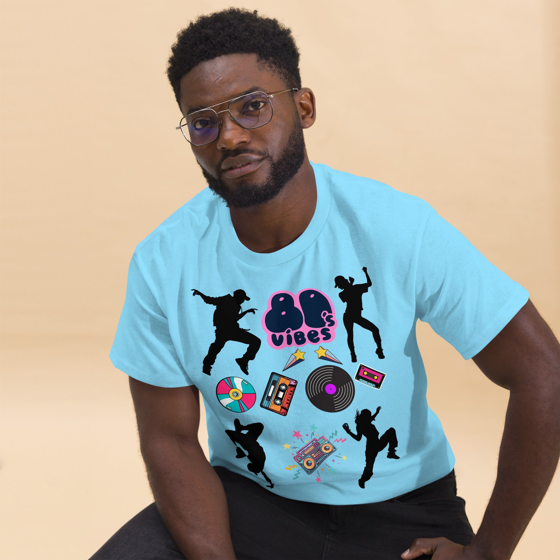 Unisex 80s Vibes graphic t-shirt with retro pop culture design by Hipyfi Clothes & Design sky-front-2