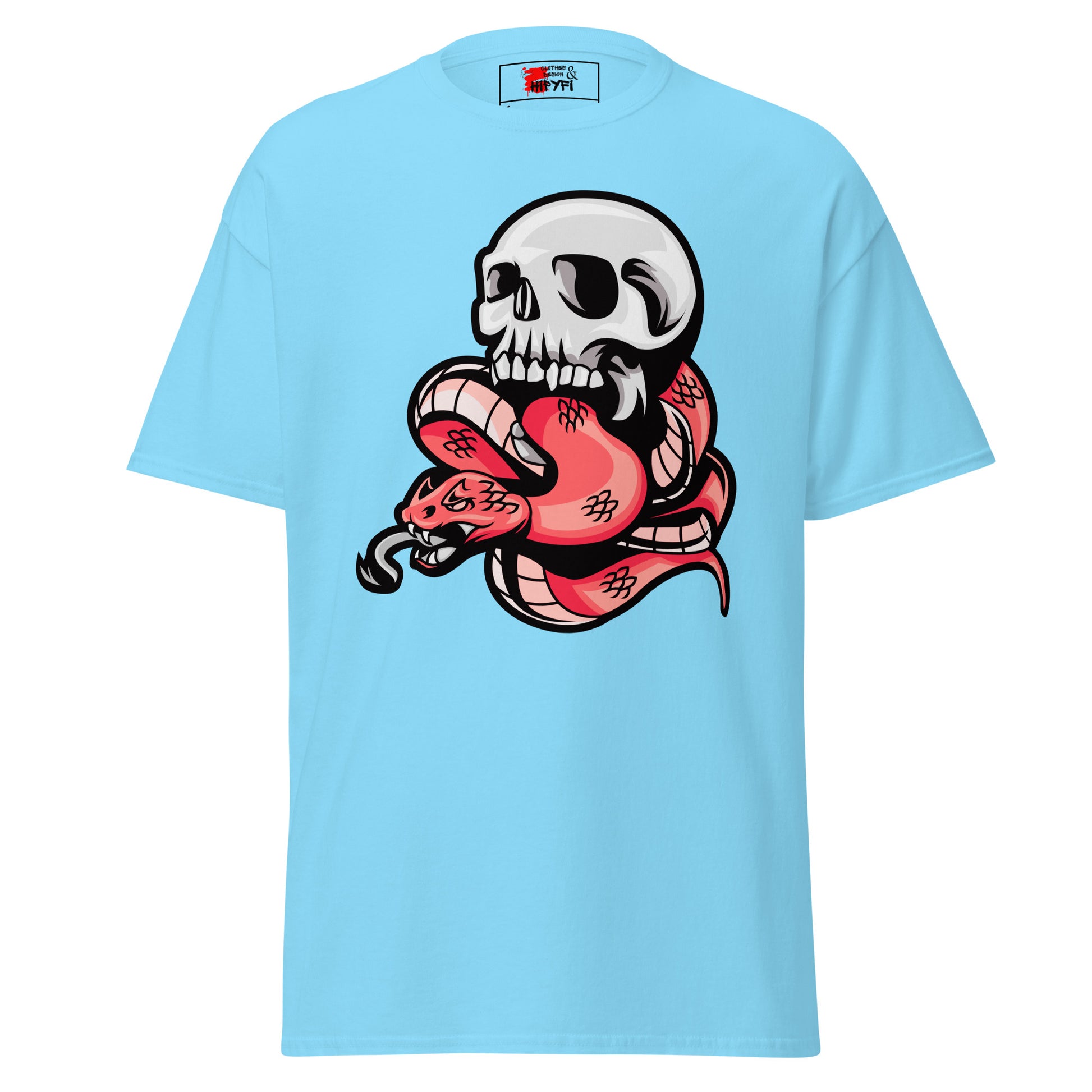 Hipyfi Bold Skull & Snake Unisex T-shirt with tattoo-inspired skull and serpent graphic, perfect for streetwear and punk rock style. sky-front-3