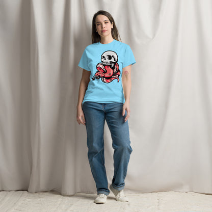 Hipyfi Bold Skull & Snake Unisex T-shirt with tattoo-inspired skull and serpent graphic, perfect for streetwear and punk rock style. sky-front-2