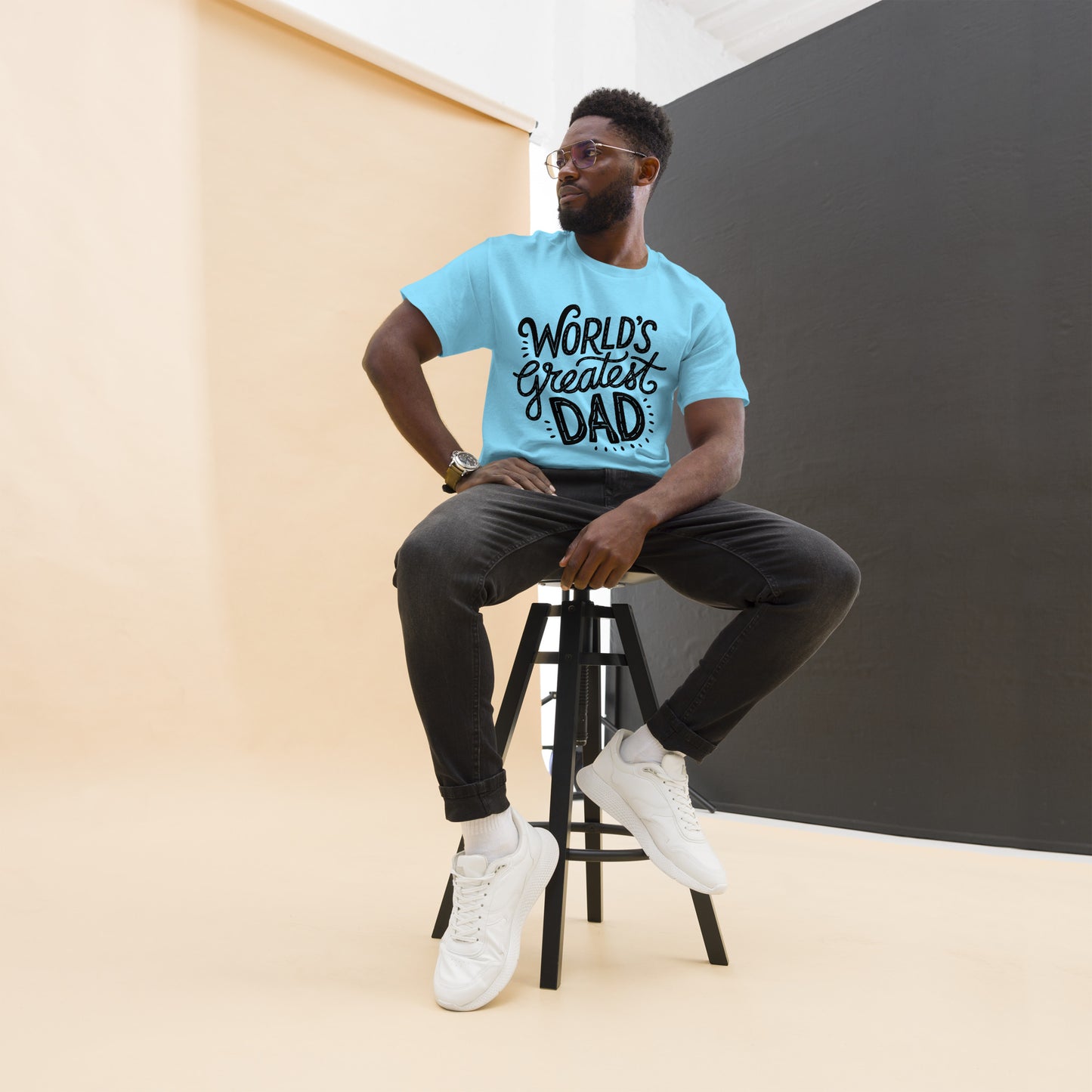World’s Greatest Dad T-Shirt – Unisex black and white graphic tee with bold typography, perfect Father’s Day gift by Hipyfi Clothes & Design. sky-front-2