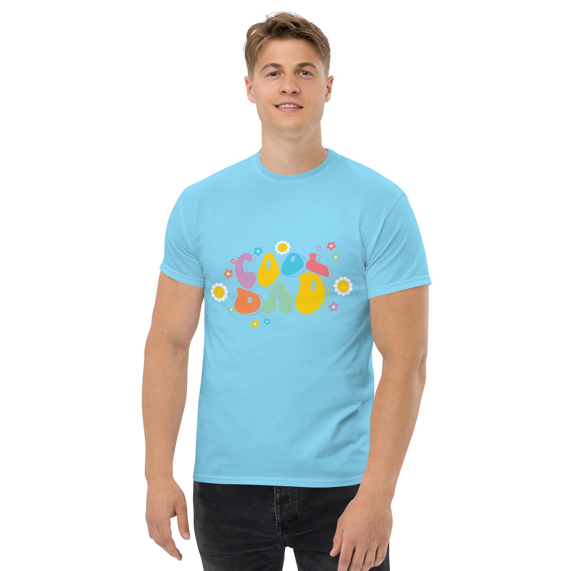 Hipyfi Retro Cool Dad Unisex Graphic Tee – Vintage 70s Style T-Shirt with colorful 'Cool Dad' graphic and floral design. sky-front-2