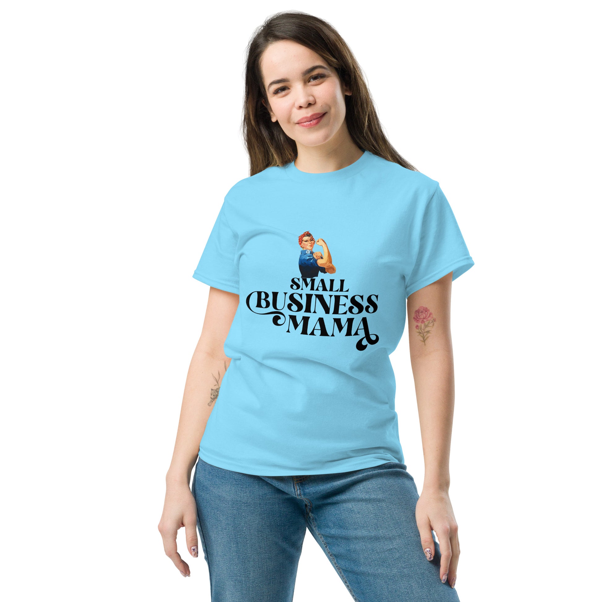 Unisex Small Business Mama Graphic T-Shirt featuring retro Rosie the Riveter design – Empowering shirt for women entrepreneurs by Hipyfi Clothes & Design. sky-front-2