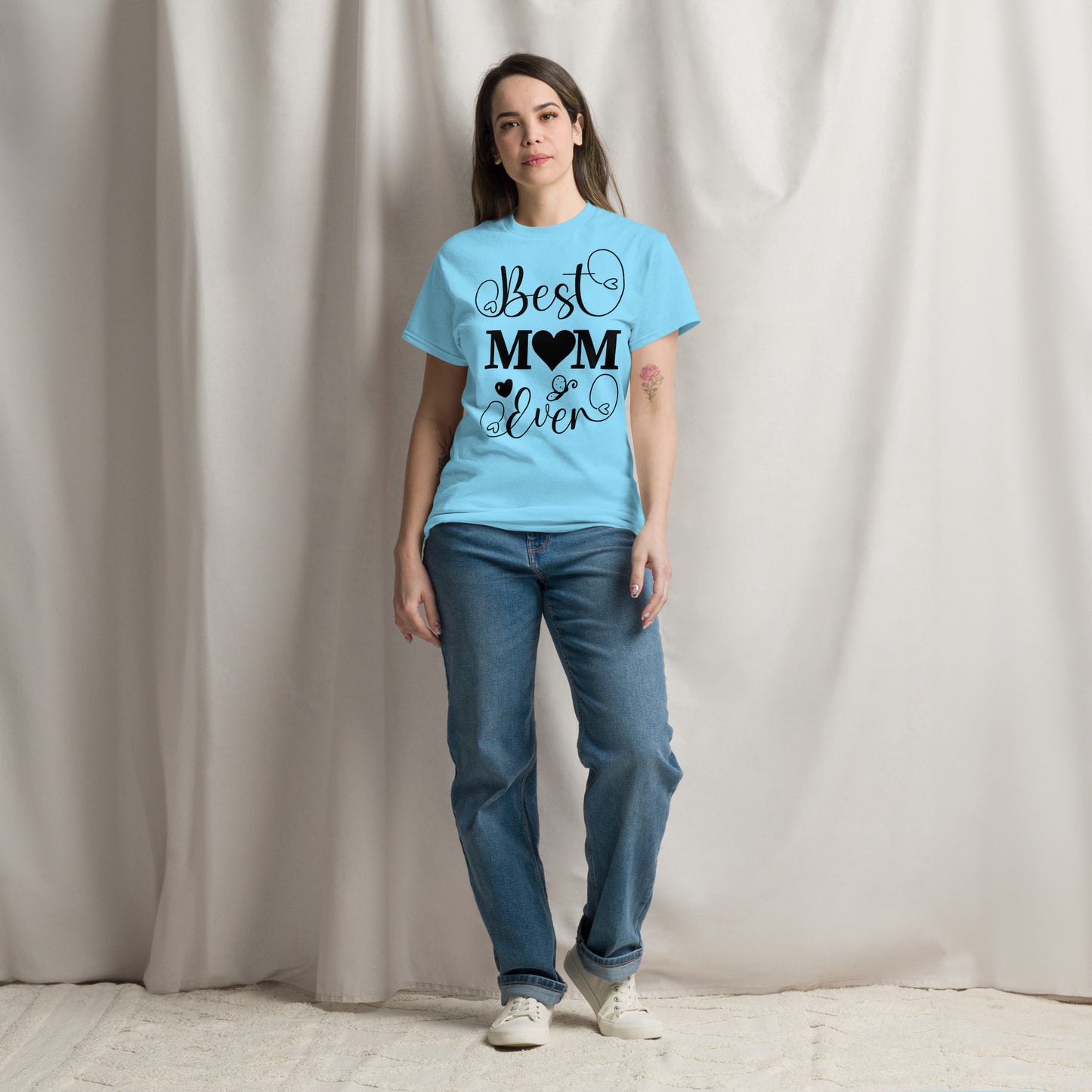 Best Mom Ever unisex graphic t-shirt in classic fit by Hipyfi Clothes & Design – perfect Mother’s Day gift in white with heart and butterfly typography. sky-front