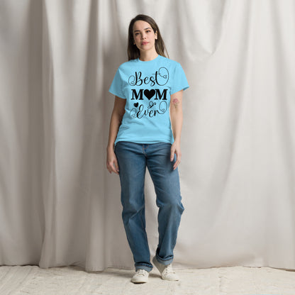 Best Mom Ever unisex graphic t-shirt in classic fit by Hipyfi Clothes & Design – perfect Mother’s Day gift in white with heart and butterfly typography. sky-front