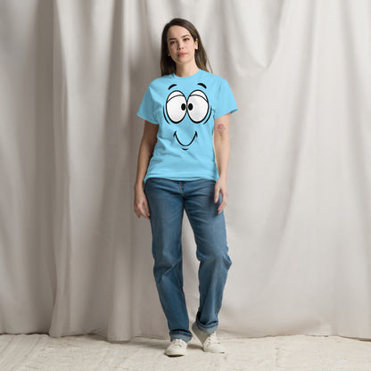 Unisex minimalist cartoon face t-shirt with bold black line art and playful smile – Hipyfi Clothes & Design. sky-front-3