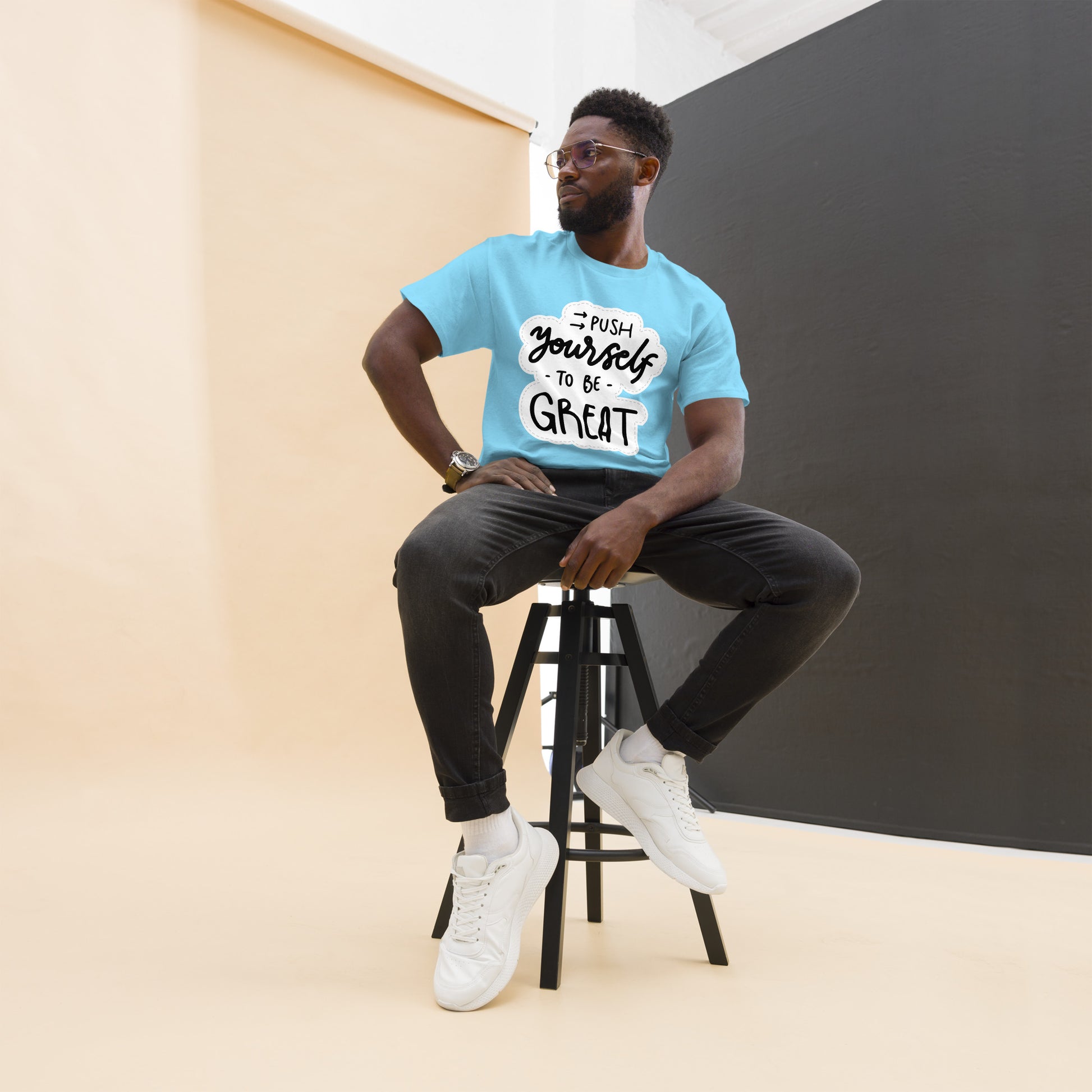 Unisex motivational t-shirt with 'Push Yourself to Be Great' quote – Hipyfi streetwear tee. sky-front