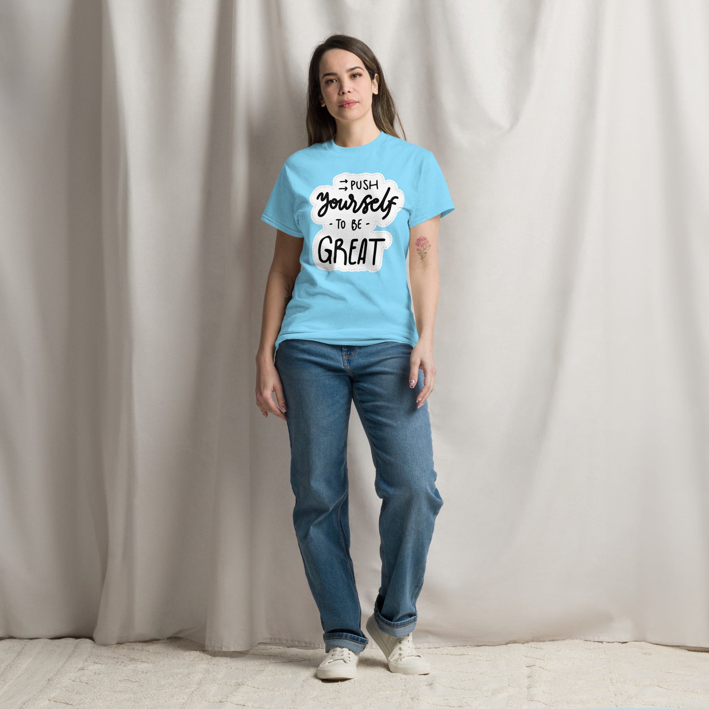 Unisex motivational t-shirt with 'Push Yourself to Be Great' quote – Hipyfi streetwear tee. sky-front-3