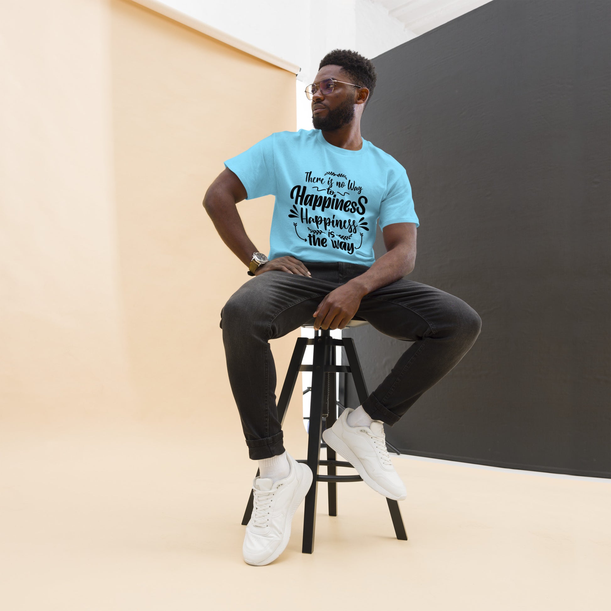 Unisex graphic t-shirt with inspirational quote – Happiness Way Tee by Hipyfi Clothes & Design. sky-front