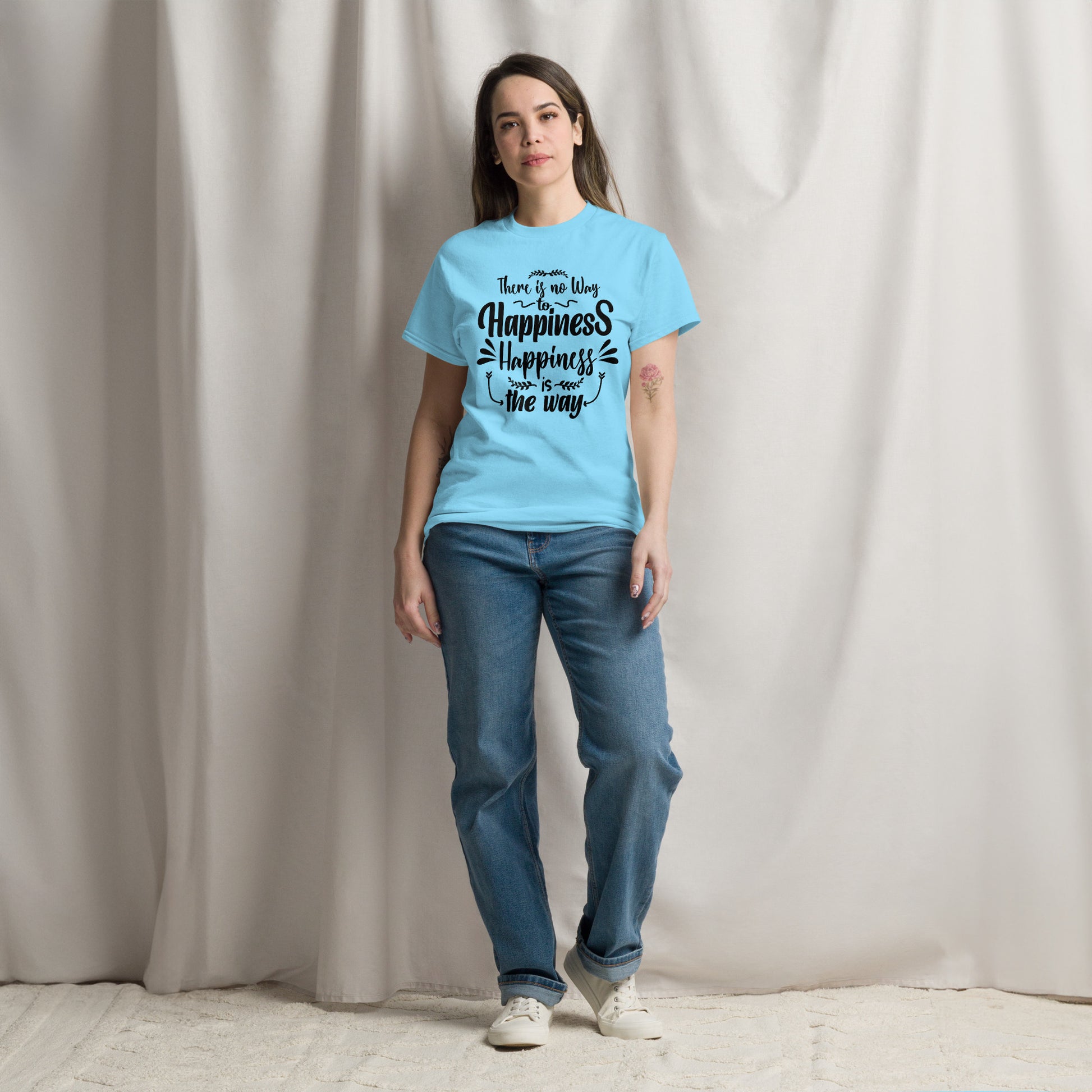 Unisex graphic t-shirt with inspirational quote – Happiness Way Tee by Hipyfi Clothes & Design. sky-front-3