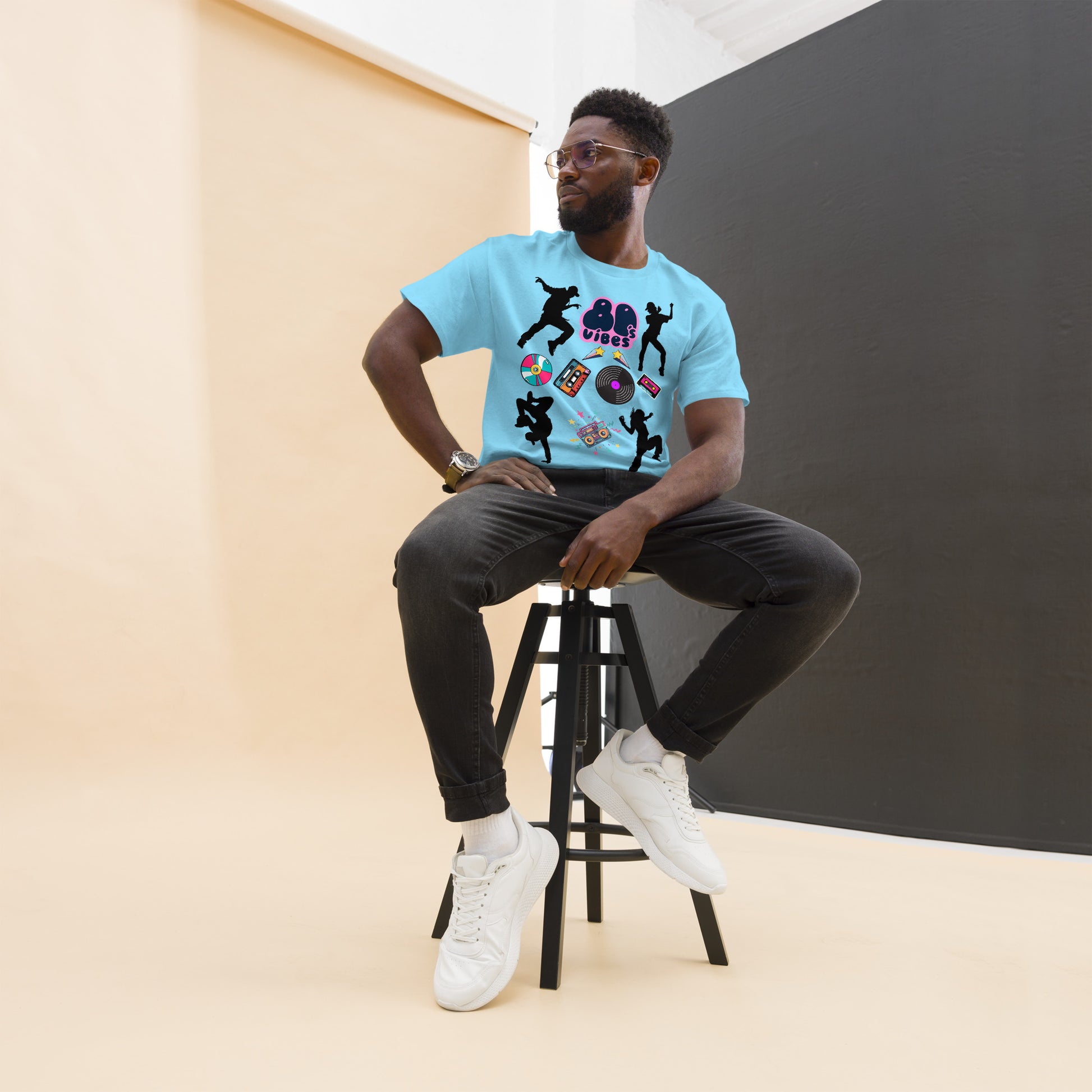 Unisex 80s Vibes graphic t-shirt with retro pop culture design by Hipyfi Clothes & Design sky-front
