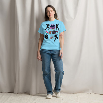 Unisex 80s Vibes graphic t-shirt with retro pop culture design by Hipyfi Clothes & Design sky-front-3