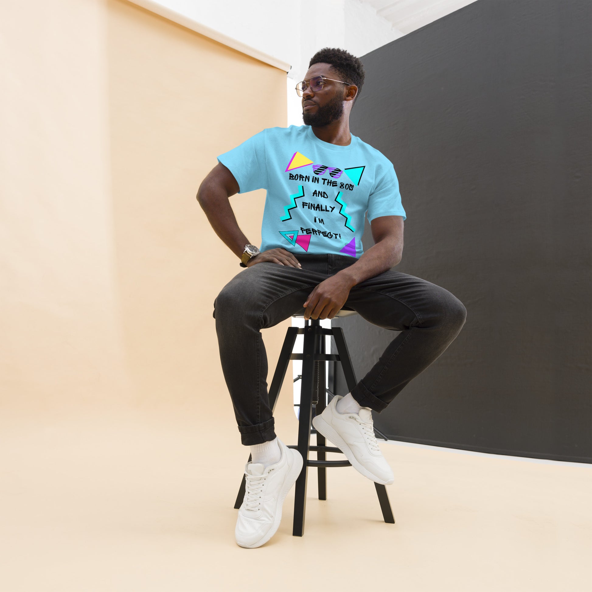 Born in the 80s retro graphic tee with neon 80s design – unisex vintage t-shirt by Hipyfi Clothes & Design. sky-front