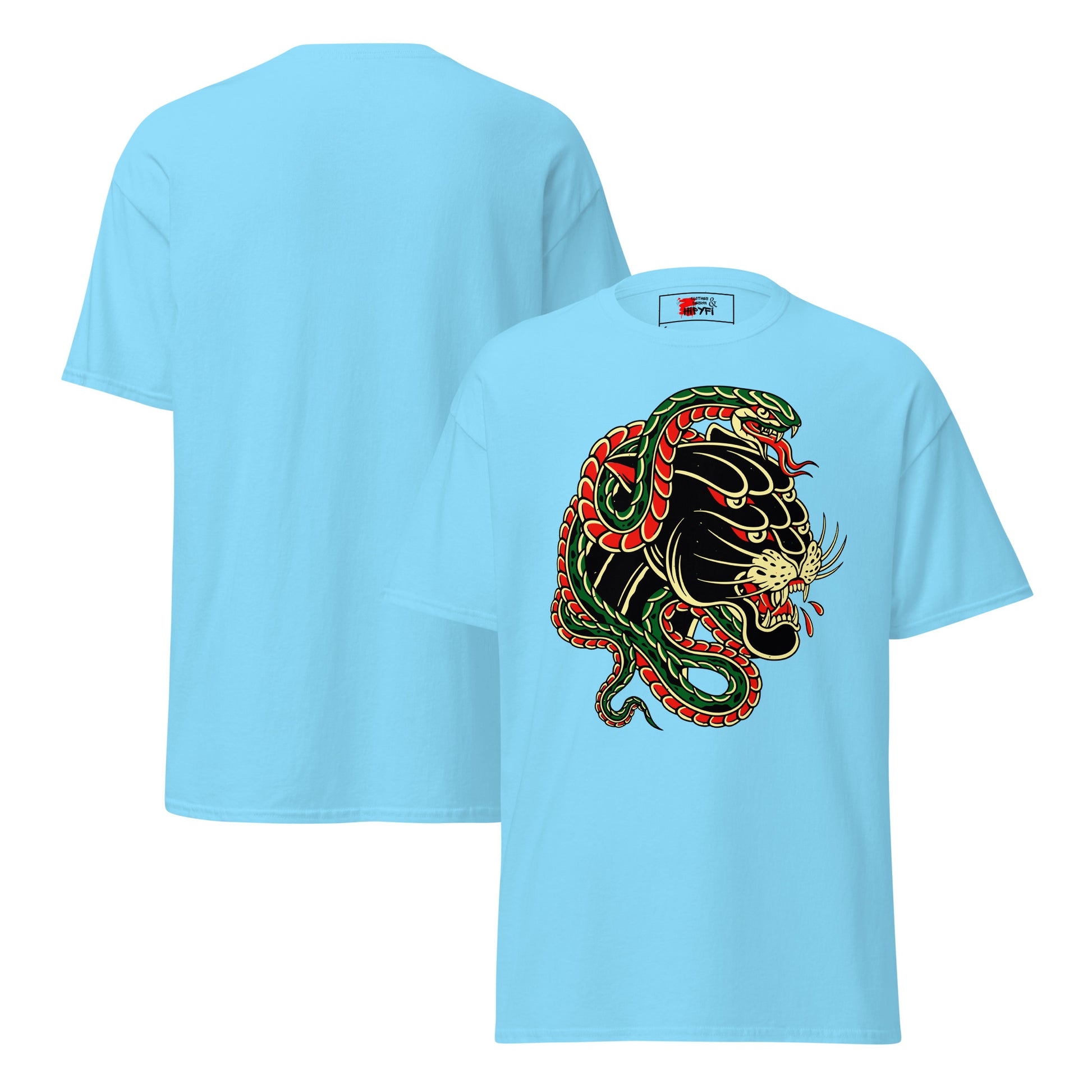 Hipyfi Panther & Snake Graphic Unisex T-Shirt - Bold design on classic fit streetwear tee. sky-front-3