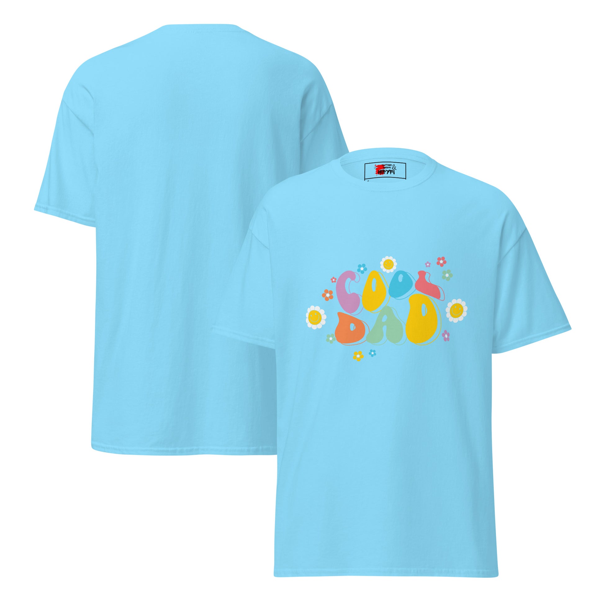 Hipyfi Retro Cool Dad Unisex Graphic Tee – Vintage 70s Style T-Shirt with colorful 'Cool Dad' graphic and floral design. sky-front-and-back