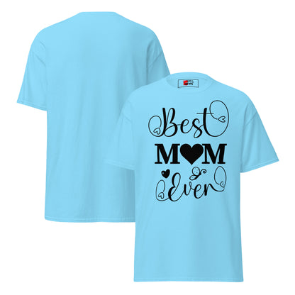Best Mom Ever unisex graphic t-shirt in classic fit by Hipyfi Clothes & Design – perfect Mother’s Day gift in white with heart and butterfly typography. sky-front-and-back