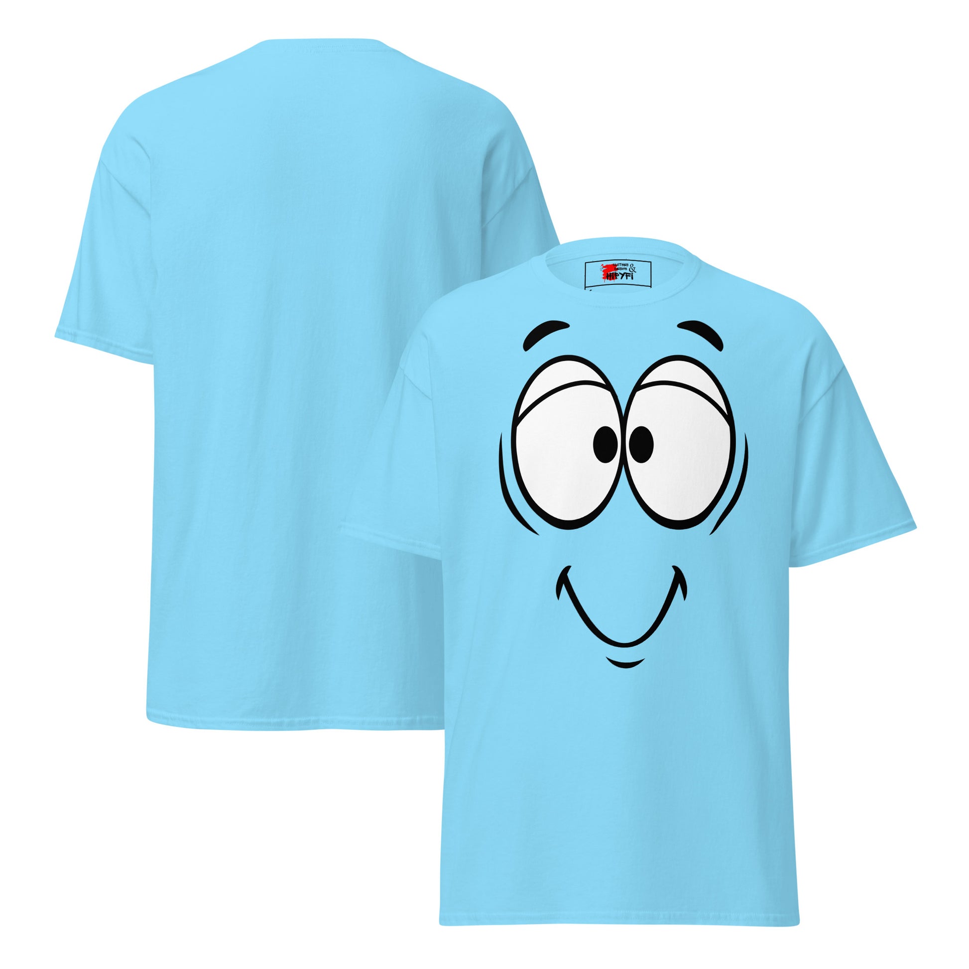 Unisex minimalist cartoon face t-shirt with bold black line art and playful smile – Hipyfi Clothes & Design. sky-front-and-back