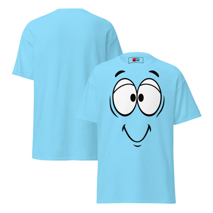 Unisex minimalist cartoon face t-shirt with bold black line art and playful smile – Hipyfi Clothes & Design. sky-front-and-back