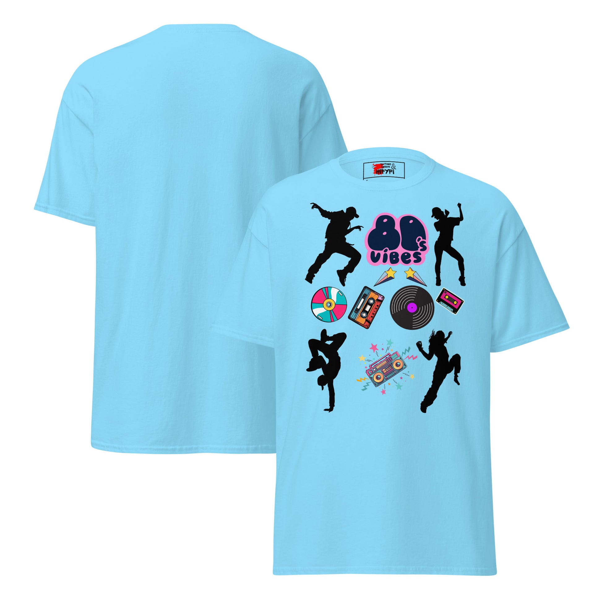 Unisex 80s Vibes graphic t-shirt with retro pop culture design by Hipyfi Clothes & Design sky-front-and-back