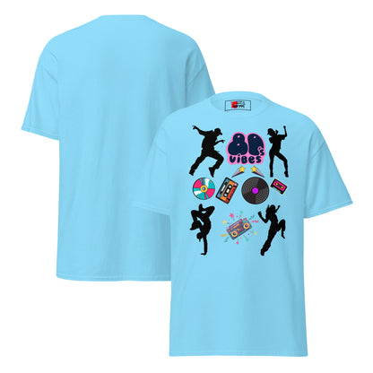 Unisex 80s Vibes graphic t-shirt with retro pop culture design by Hipyfi Clothes & Design sky-front-and-back