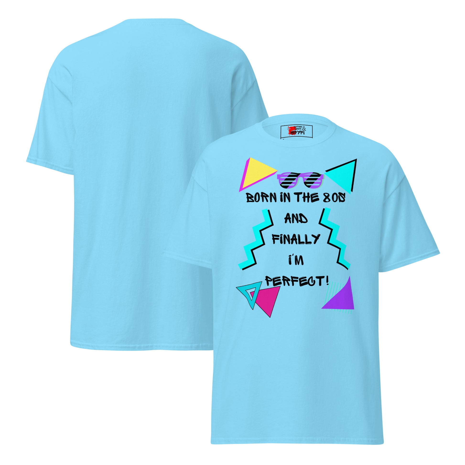Born in the 80s retro graphic tee with neon 80s design – unisex vintage t-shirt by Hipyfi Clothes & Design. sky-front-and-back