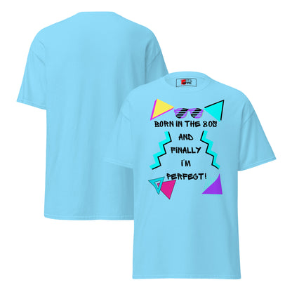 Born in the 80s retro graphic tee with neon 80s design – unisex vintage t-shirt by Hipyfi Clothes & Design. sky-front-and-back