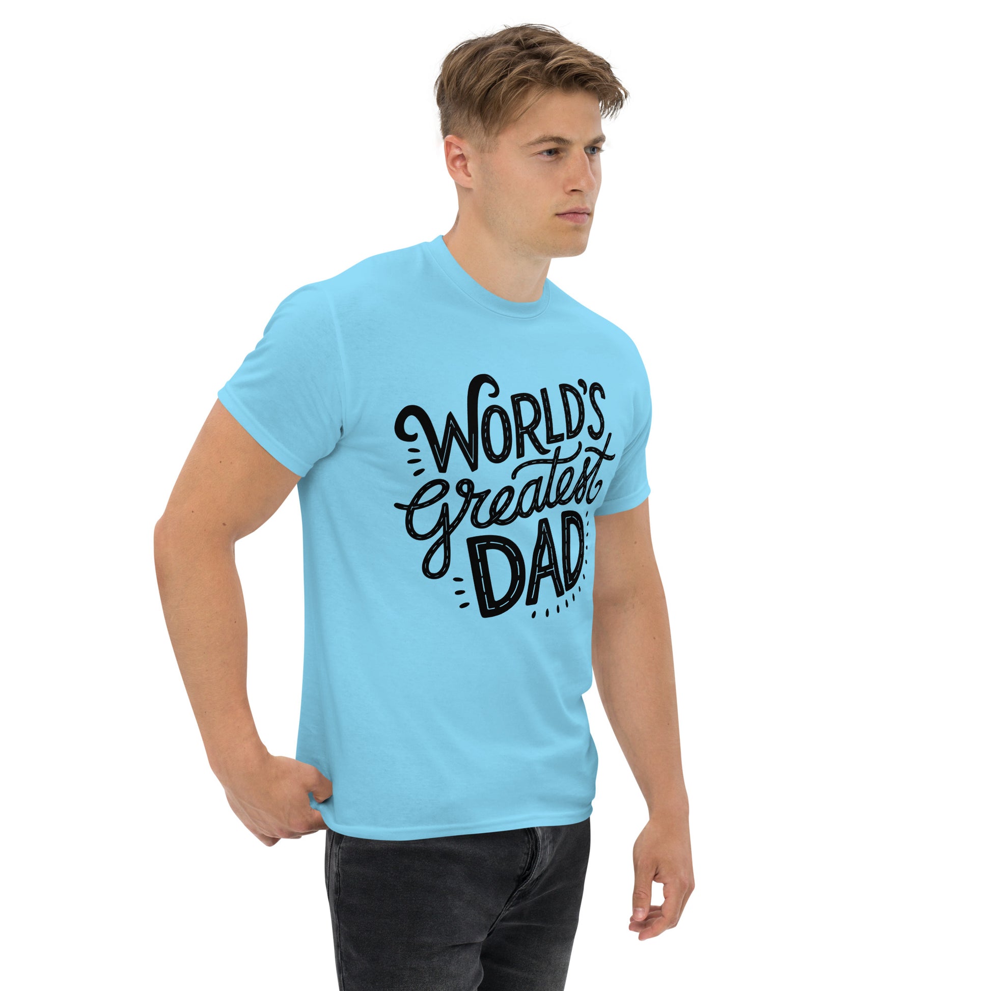 World’s Greatest Dad T-Shirt – Unisex black and white graphic tee with bold typography, perfect Father’s Day gift by Hipyfi Clothes & Design. sky-right-front