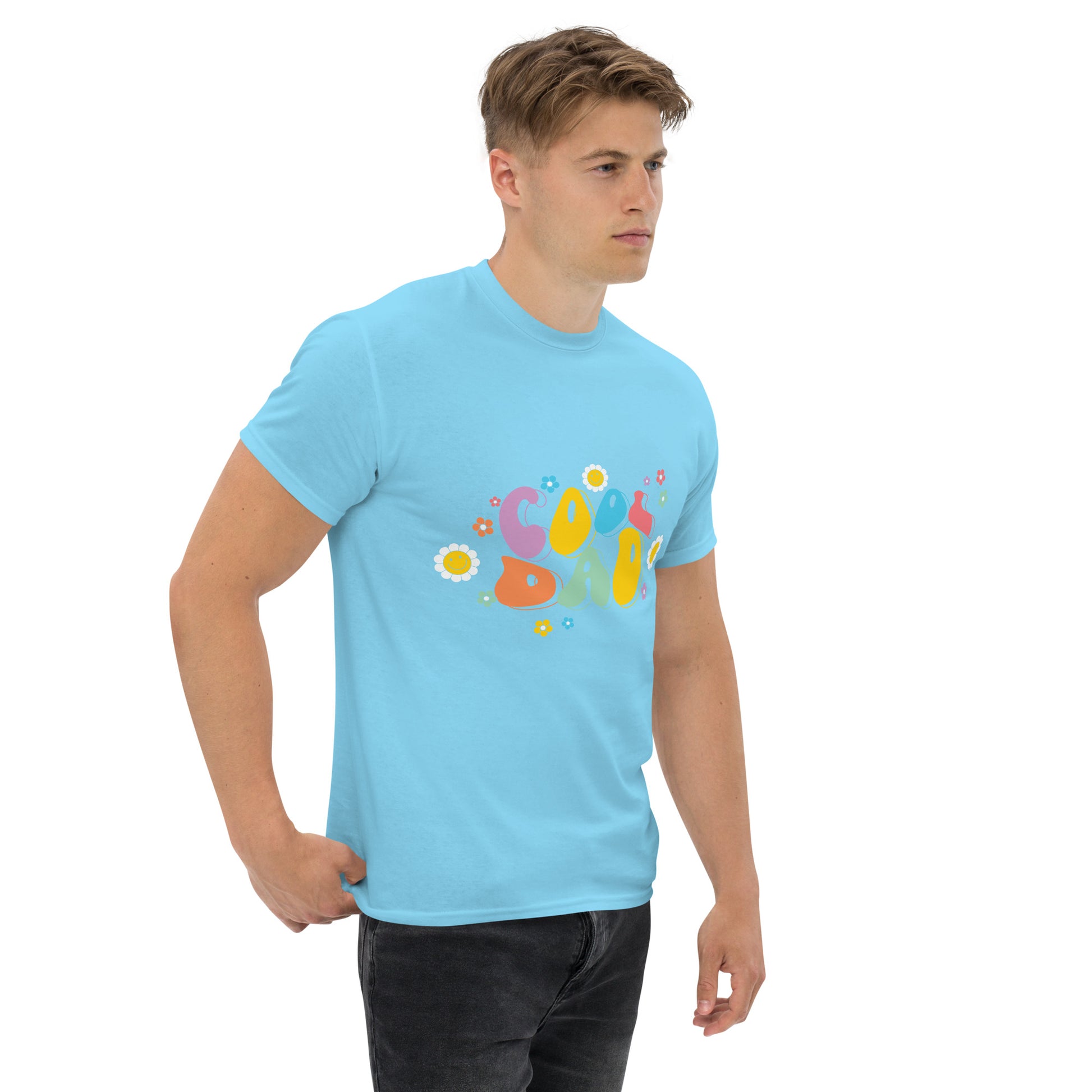 Hipyfi Retro Cool Dad Unisex Graphic Tee – Vintage 70s Style T-Shirt with colorful 'Cool Dad' graphic and floral design. sky-right-front