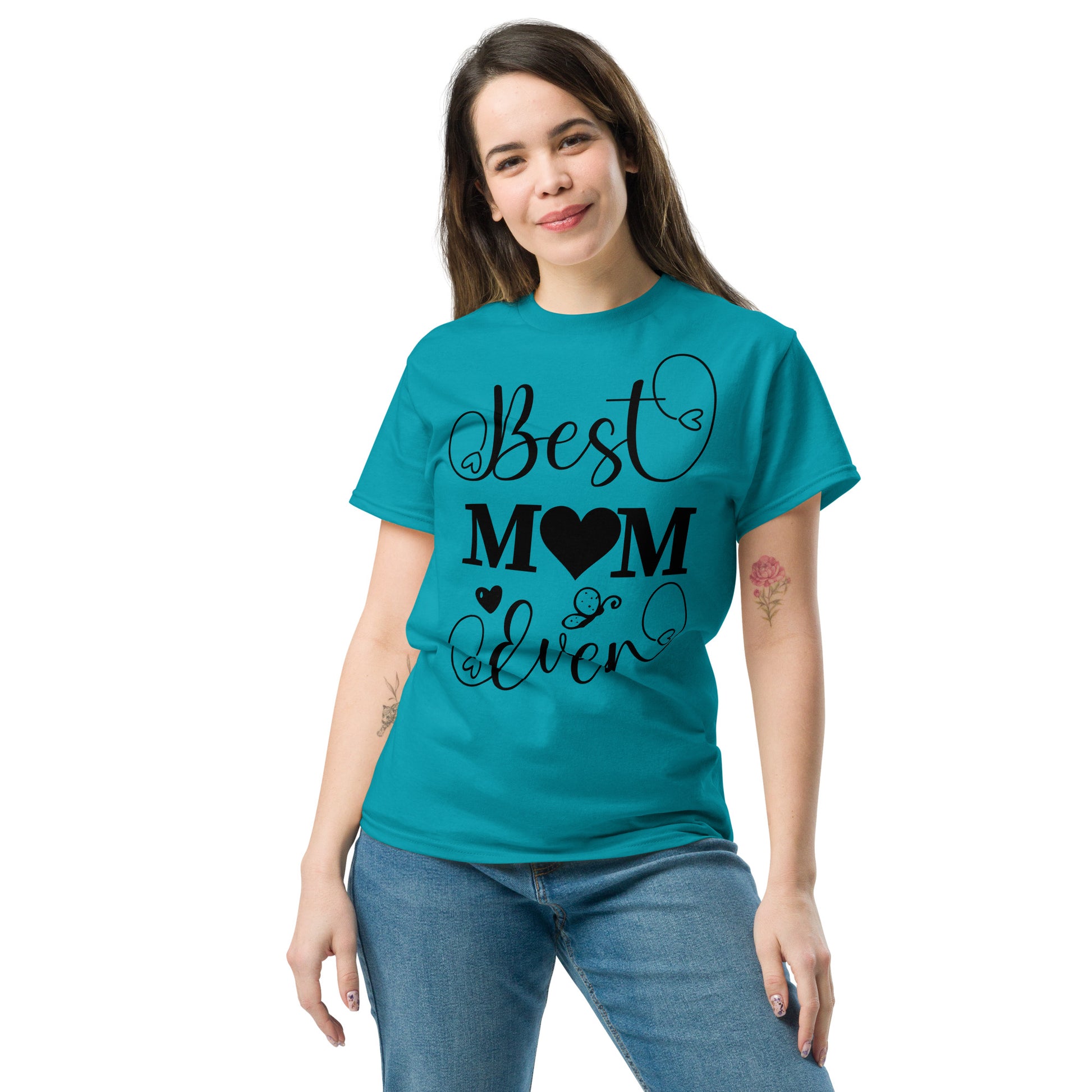 Best Mom Ever unisex graphic t-shirt in classic fit by Hipyfi Clothes & Design – perfect Mother’s Day gift in white with heart and butterfly typography. tropical-blue-front-2