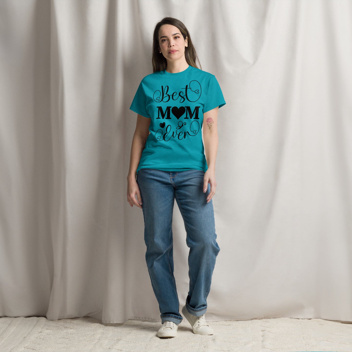 Best Mom Ever unisex graphic t-shirt in classic fit by Hipyfi Clothes & Design – perfect Mother’s Day gift in white with heart and butterfly typography. tropical-blue-front