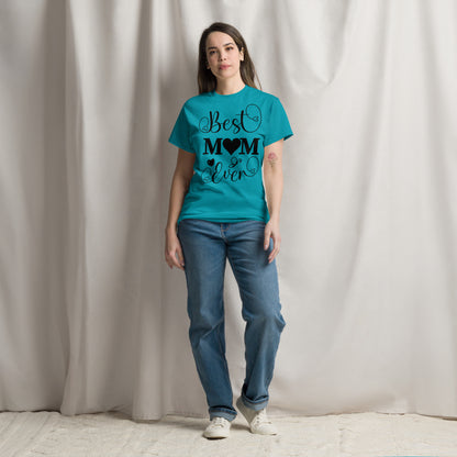 Best Mom Ever unisex graphic t-shirt in classic fit by Hipyfi Clothes & Design – perfect Mother’s Day gift in white with heart and butterfly typography. tropical-blue-front