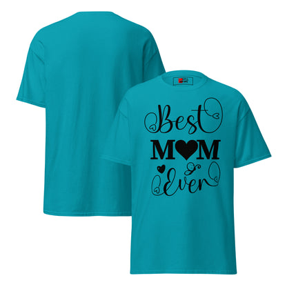 Best Mom Ever unisex graphic t-shirt in classic fit by Hipyfi Clothes & Design – perfect Mother’s Day gift in white with heart and butterfly typography. tropical-blue-front-and-back