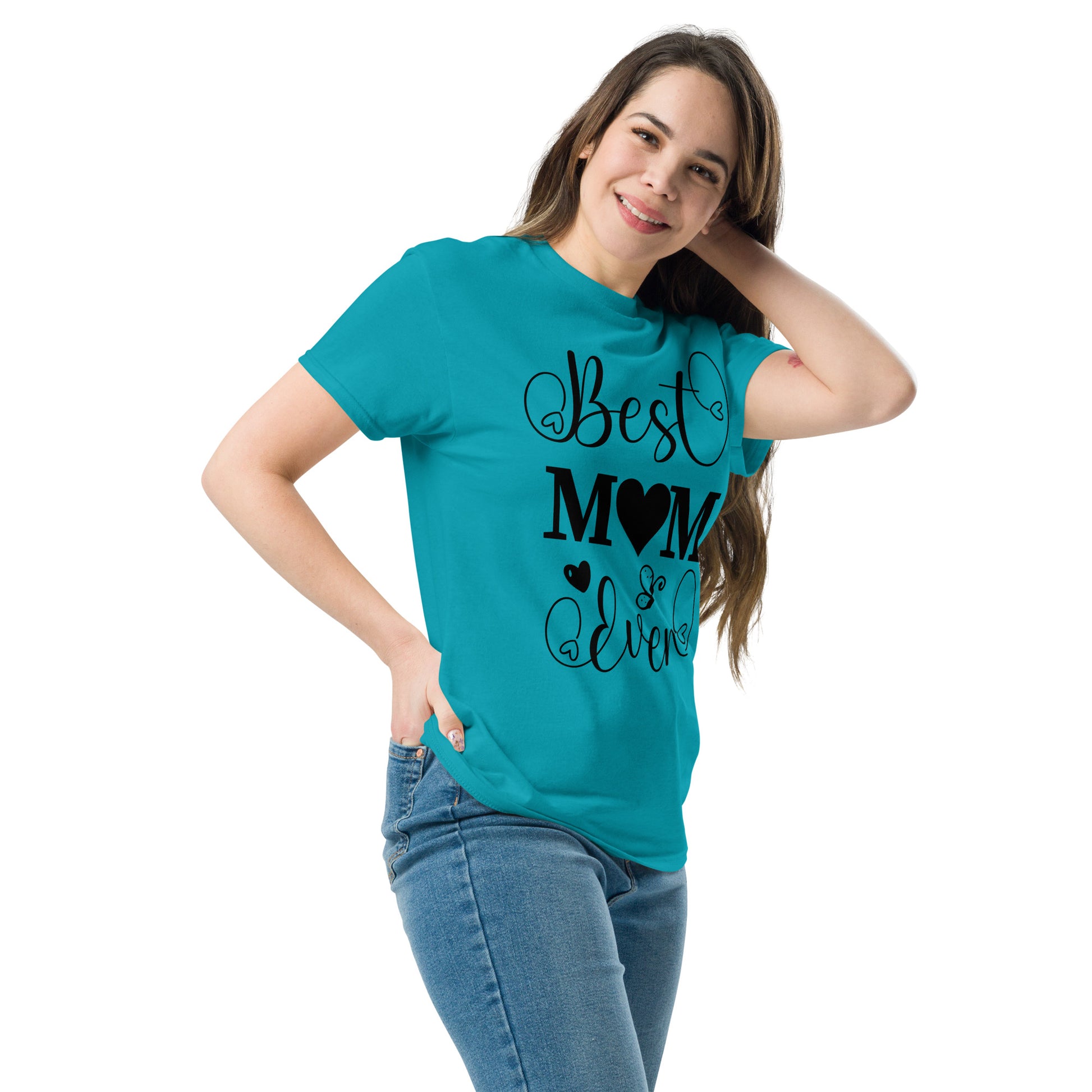 Best Mom Ever unisex graphic t-shirt in classic fit by Hipyfi Clothes & Design – perfect Mother’s Day gift in white with heart and butterfly typography. tropical-blue-left-front