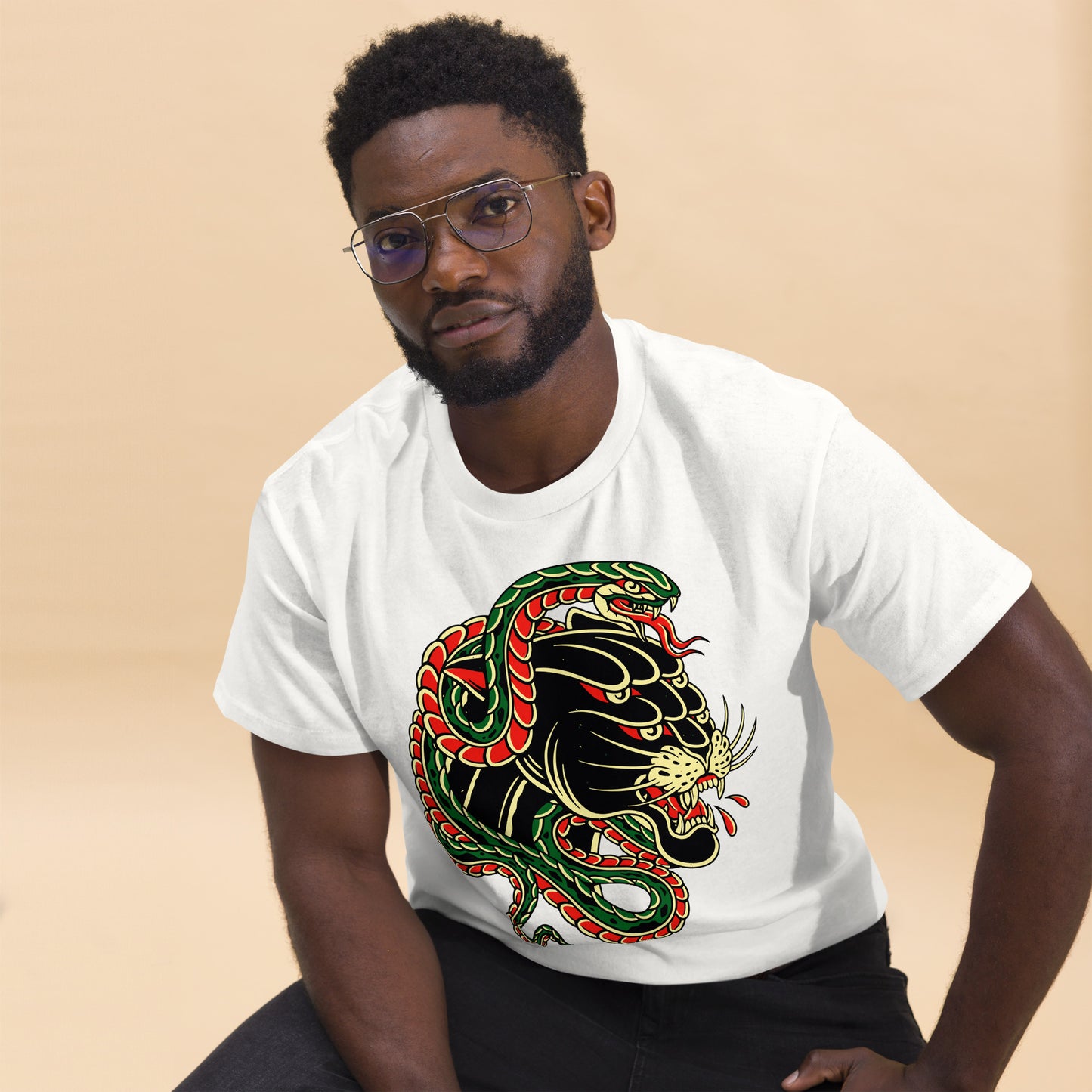 Hipyfi Panther & Snake Graphic Unisex T-Shirt - Bold design on classic fit streetwear tee. white-front
