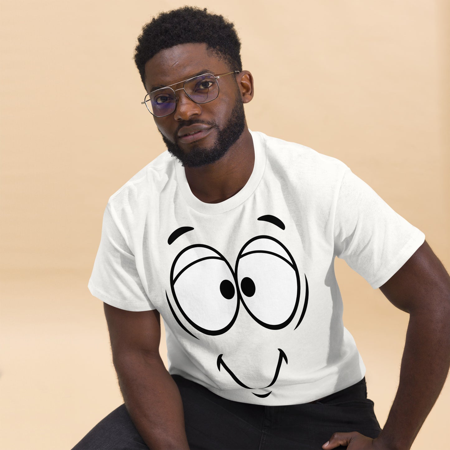 Unisex minimalist cartoon face t-shirt with bold black line art and playful smile – Hipyfi Clothes & Design. white-front-2