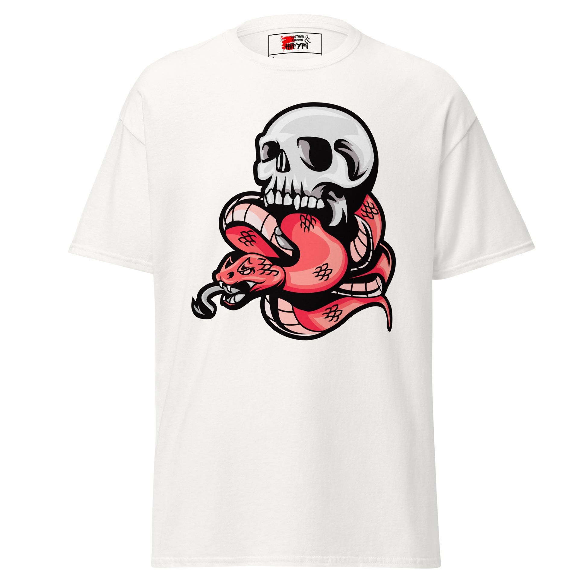 Hipyfi Bold Skull & Snake Unisex T-shirt with tattoo-inspired skull and serpent graphic, perfect for streetwear and punk rock style. white-front-3