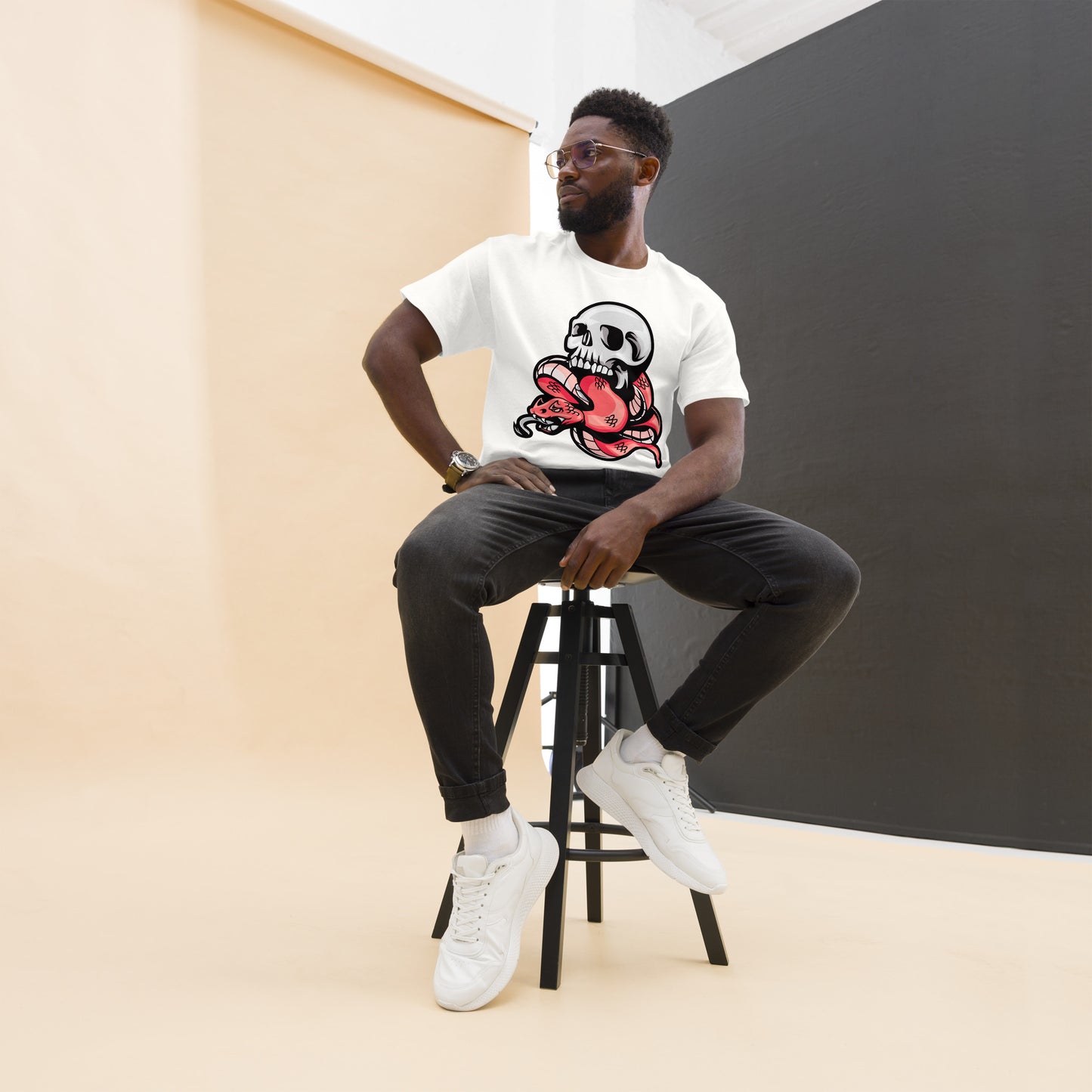 Hipyfi Bold Skull & Snake Unisex T-shirt with tattoo-inspired skull and serpent graphic, perfect for streetwear and punk rock style. white-front