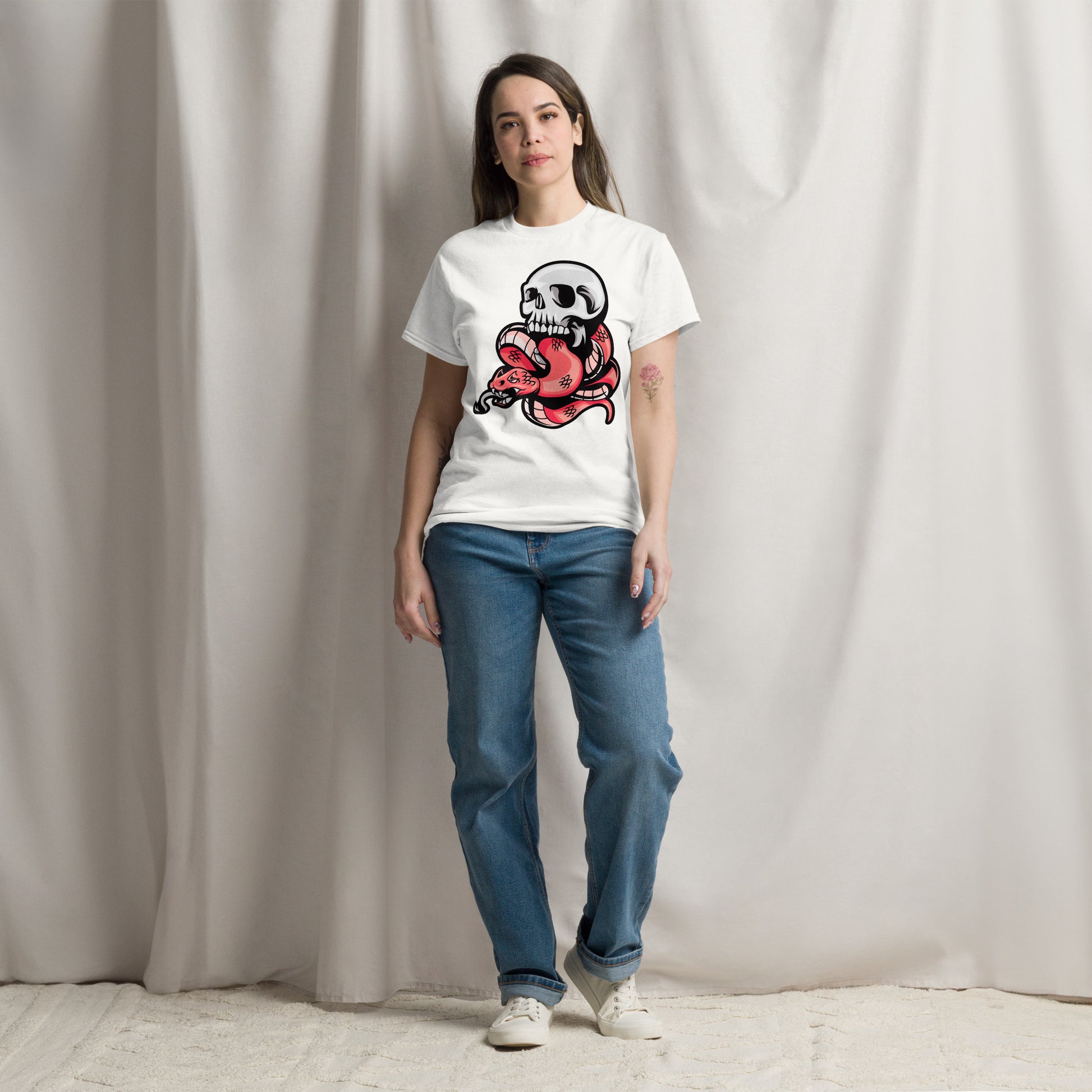 Hipyfi Bold Skull & Snake Unisex T-shirt with tattoo-inspired skull and serpent graphic, perfect for streetwear and punk rock style. white-front-2