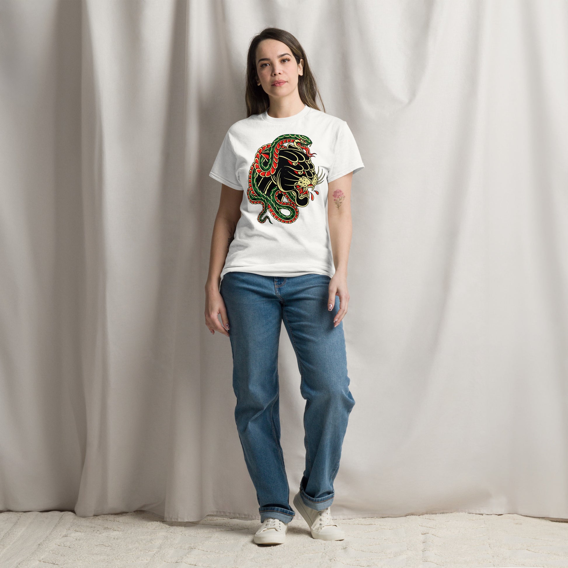 Hipyfi Panther & Snake Graphic Unisex T-Shirt - Bold design on classic fit streetwear tee. white-front-2