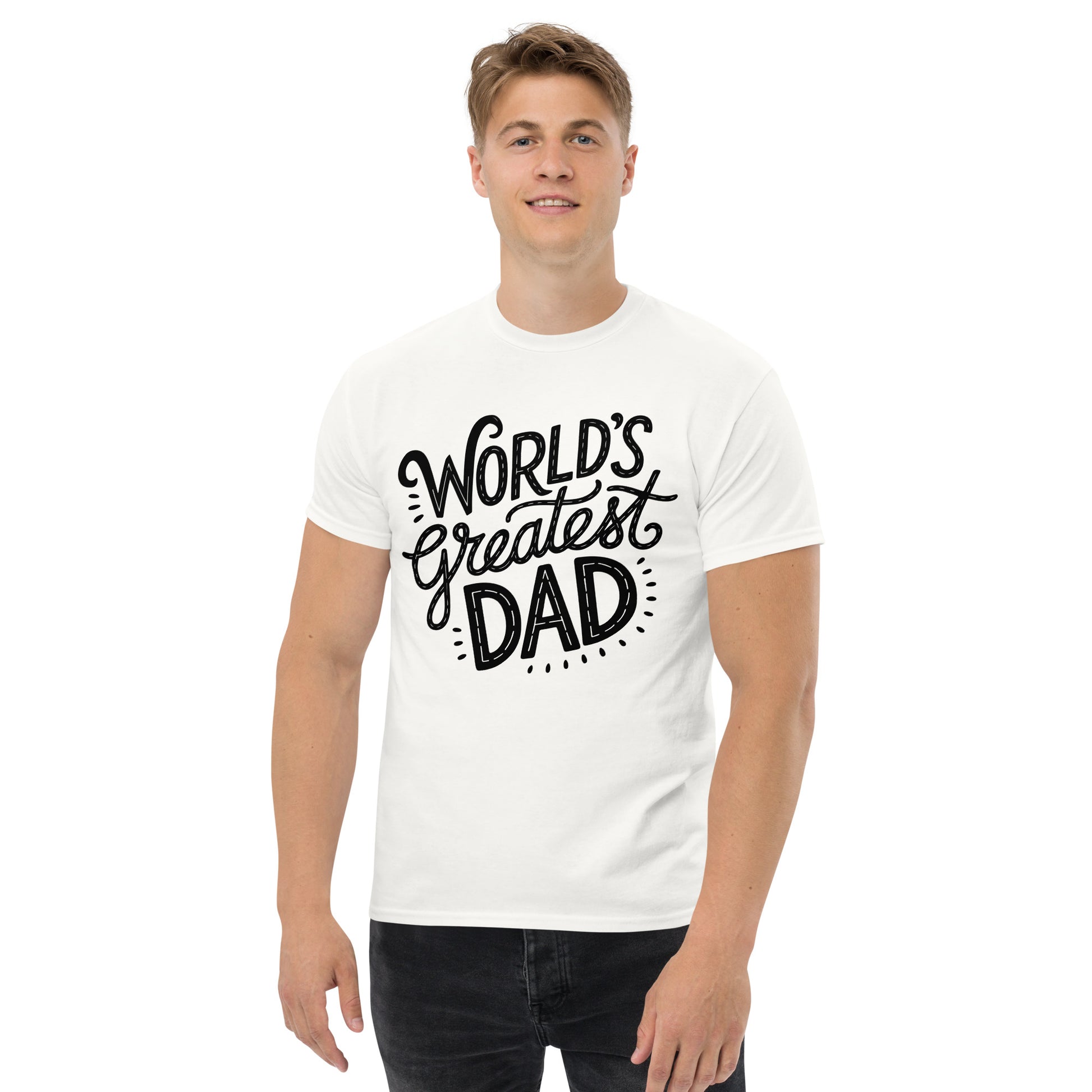 World’s Greatest Dad T-Shirt – Unisex black and white graphic tee with bold typography, perfect Father’s Day gift by Hipyfi Clothes & Design. white-front-3