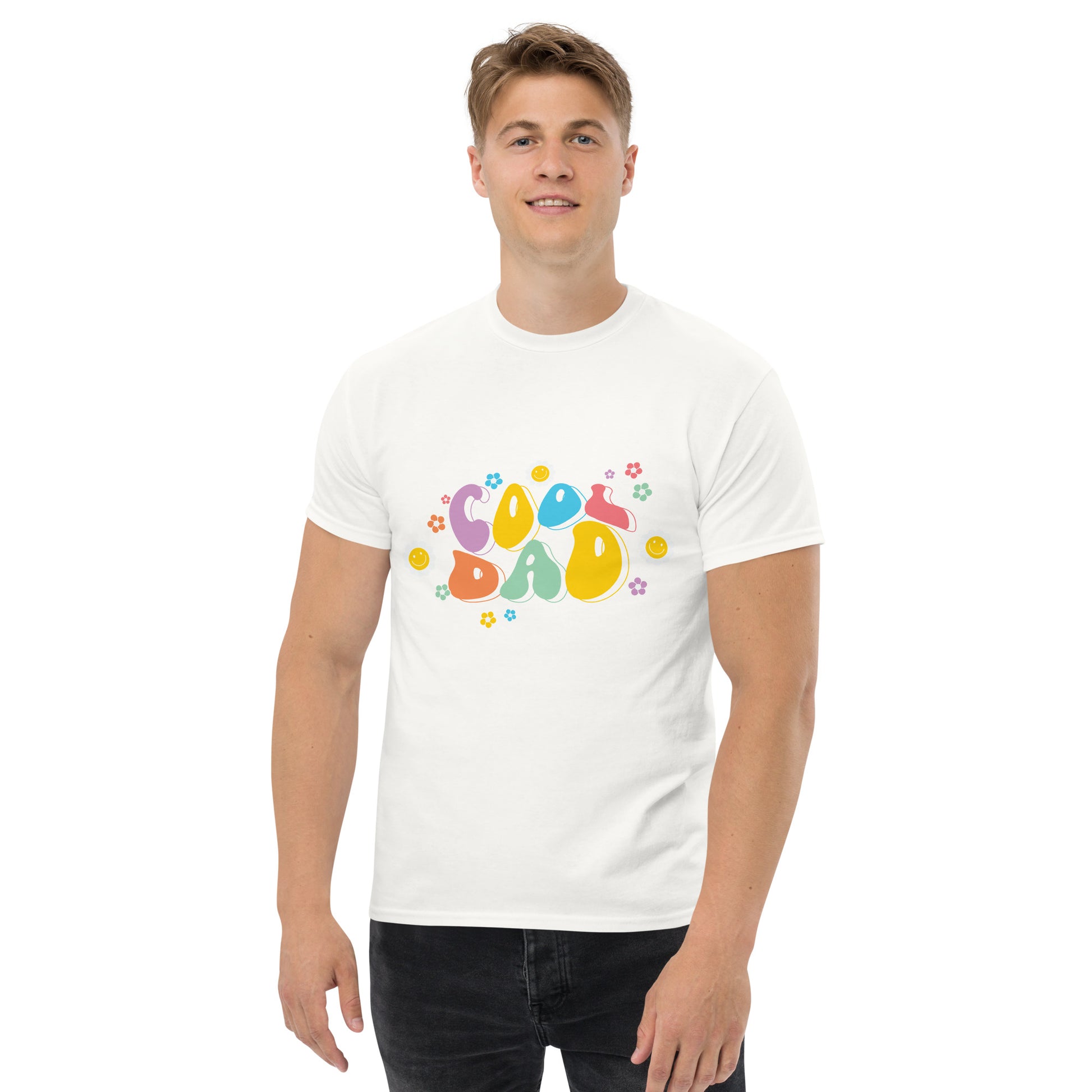 Hipyfi Retro Cool Dad Unisex Graphic Tee – Vintage 70s Style T-Shirt with colorful 'Cool Dad' graphic and floral design. white-front-2