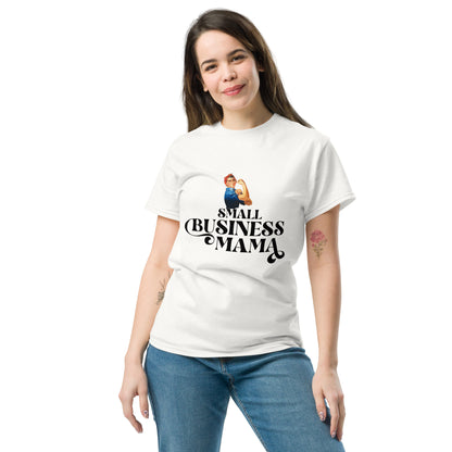 Unisex Small Business Mama Graphic T-Shirt featuring retro Rosie the Riveter design – Empowering shirt for women entrepreneurs by Hipyfi Clothes & Design. white-front-2