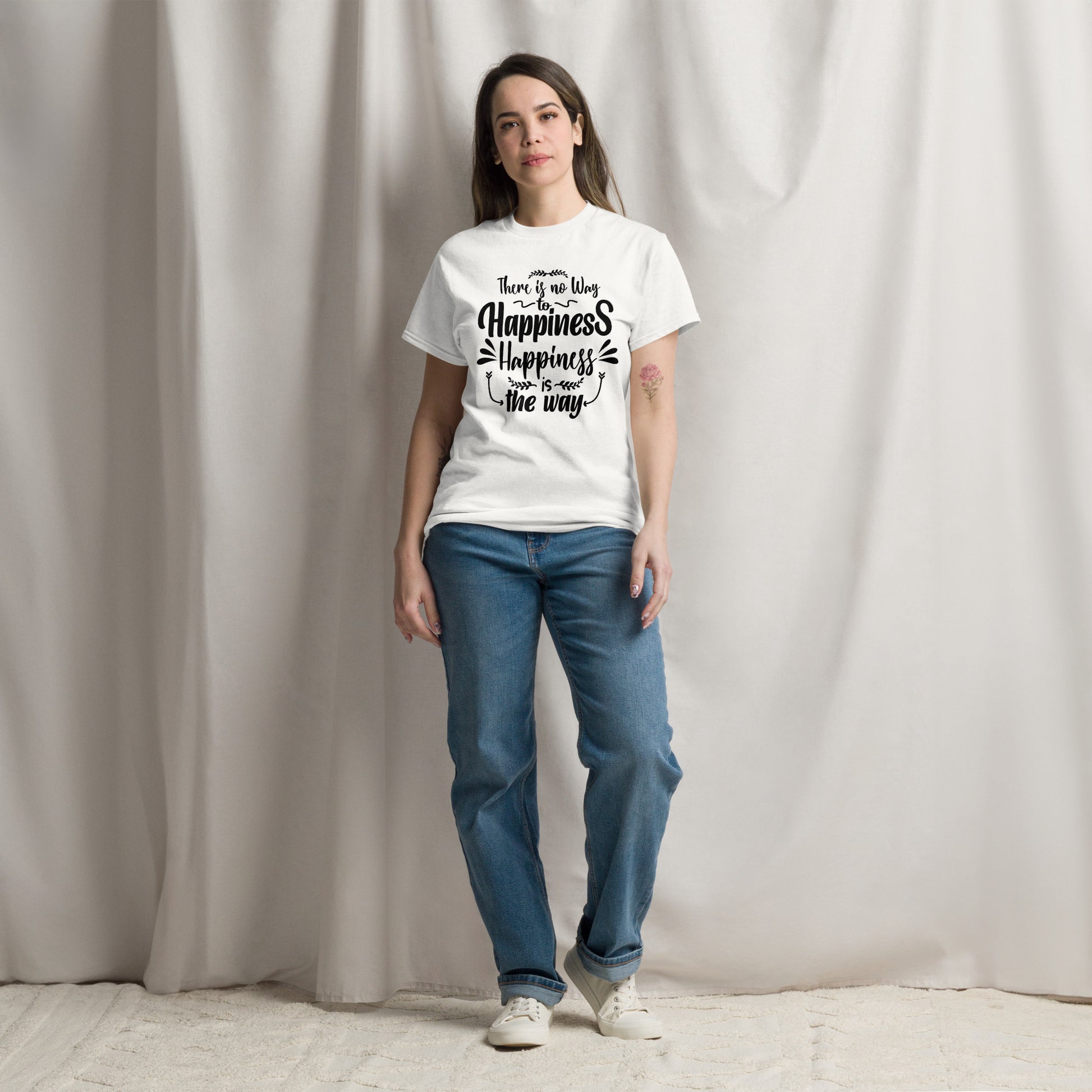 Unisex graphic t-shirt with inspirational quote – Happiness Way Tee by Hipyfi Clothes & Design. white-front-3