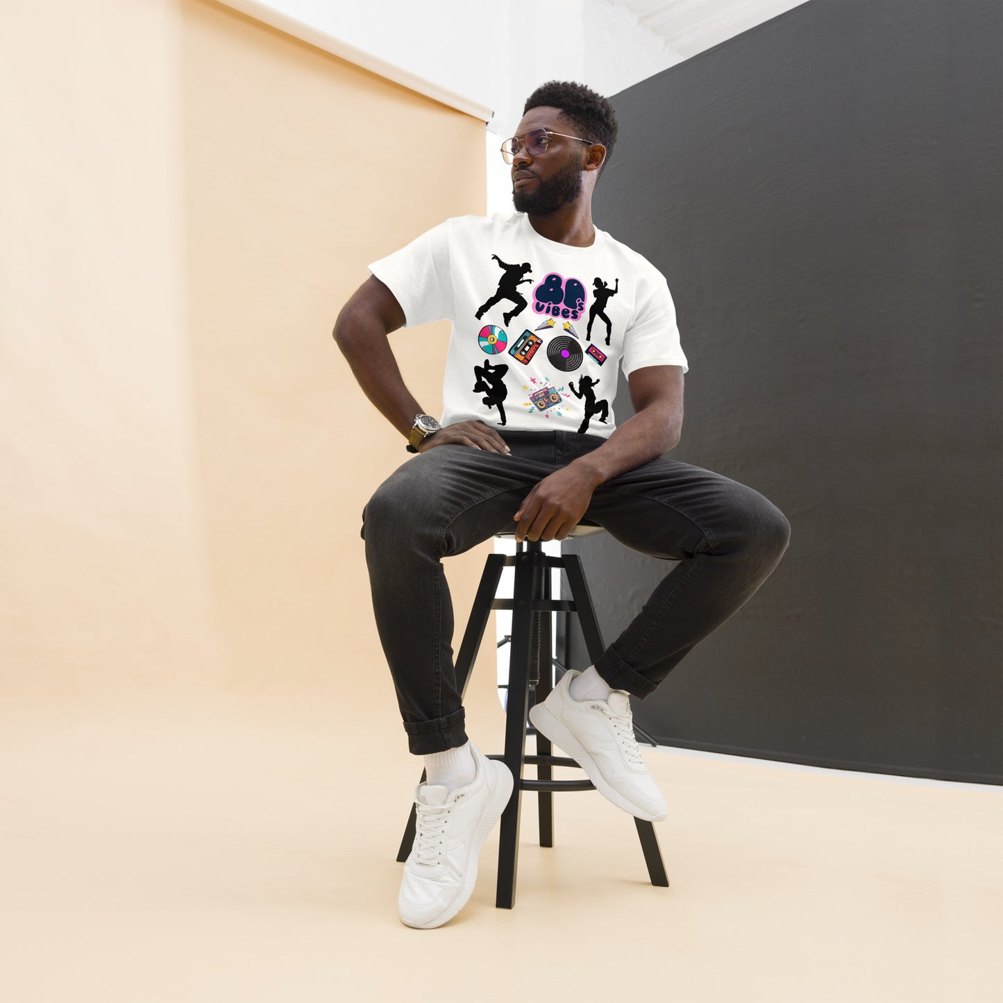 Unisex 80s Vibes graphic t-shirt with retro pop culture design by Hipyfi Clothes & Design white-front
